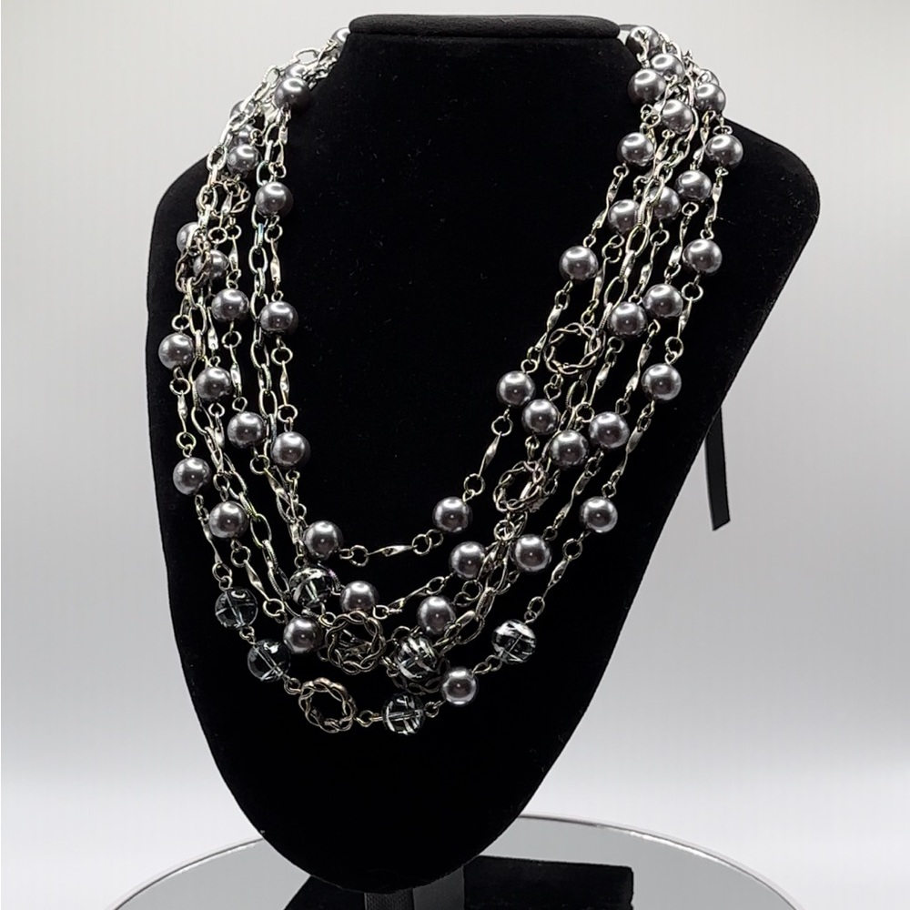 *RARE* Handmade Black & Grey Multiple Chain Strand Necklace With Satin Ribbon